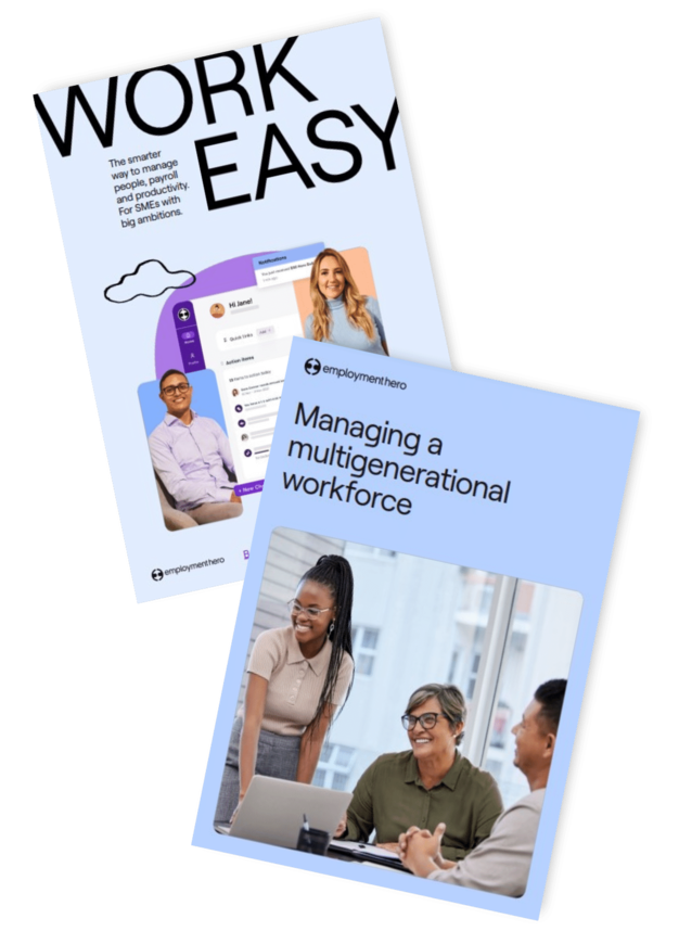 The image shows two documents. The first document, titled "WORK EASY," features an illustration of a man in glasses and a headline stating, "The smarter way to manage people, payroll, and productivity."