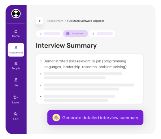 Interview summary interface highlighting demonstrated skills relevant to the job, with a button labeled 'Generate detailed interview summary.'