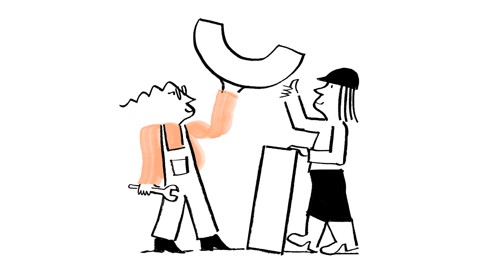 An illustration of Quinn lifting up a block to help an engineer