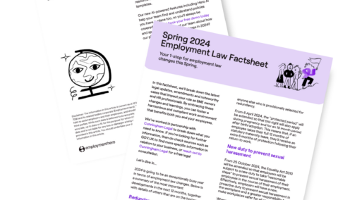 The image shows two pages of the "Spring 2024 Employment Law Factsheet."