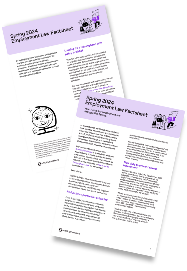 The image shows two pages of the "Spring 2024 Employment Law Factsheet."