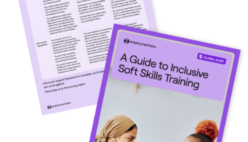 The image shows the front and back pages of a guide titled "A Guide to Inclusive Soft Skills Training."
