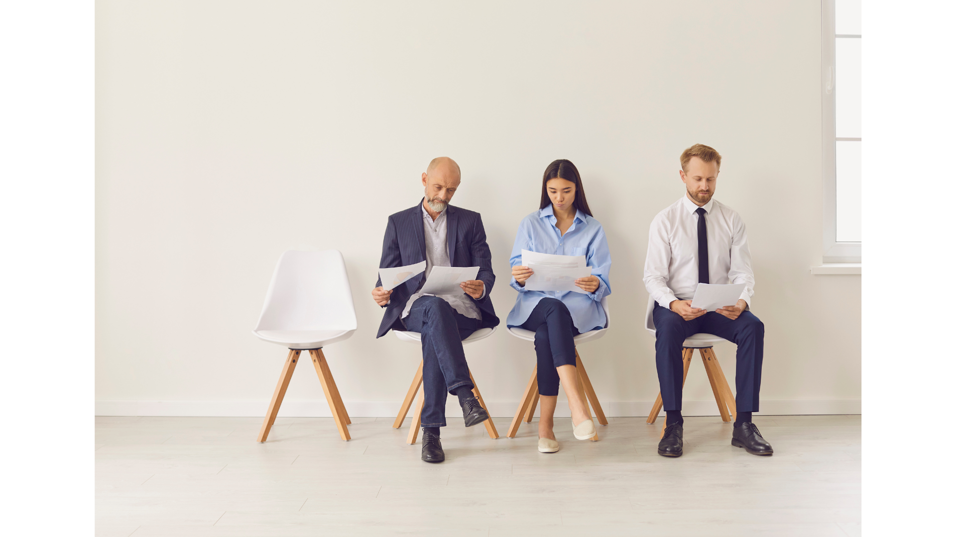 Three individuals in business attire sit in chairs, reviewing papers, likely preparing for a job interview, one chair vacant