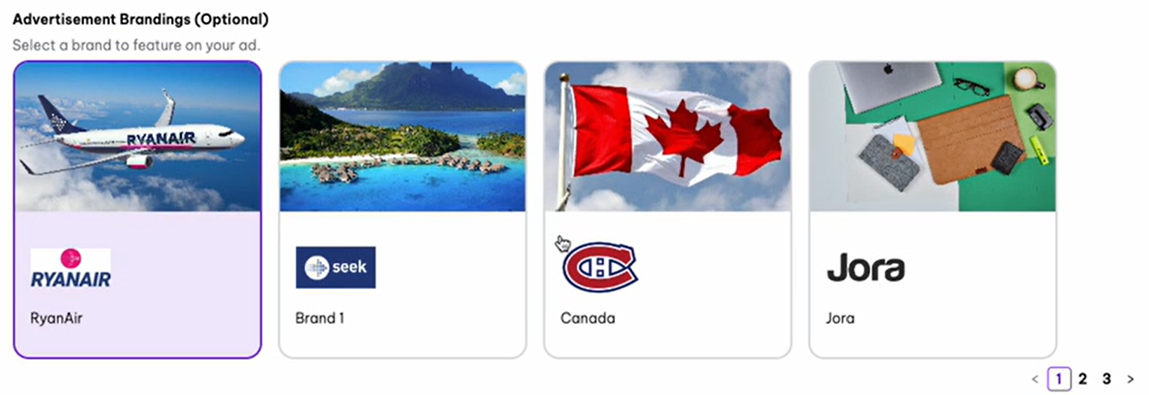 Advertisement Brandings selection screen in the recruitment module, showing brand options to feature on an ad. The brands displayed include Ryanair with an airplane image, Seek with a tropical island image, Canada with a Canadian flag and sports logo, and Jora with a flat-lay of office items. Navigation options indicate additional brand pages.