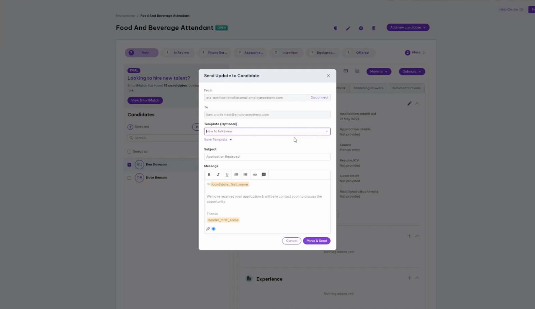 Candidate engagement interface for a Food and Beverage Attendant role, showing a pop-up to send an update to a candidate. The form includes fields for 'From' and 'To' email addresses, an optional template selection, subject line, and a message body with placeholders for candidate and sender names. Options to 'Cancel' or 'Move & Send' are available at the bottom.