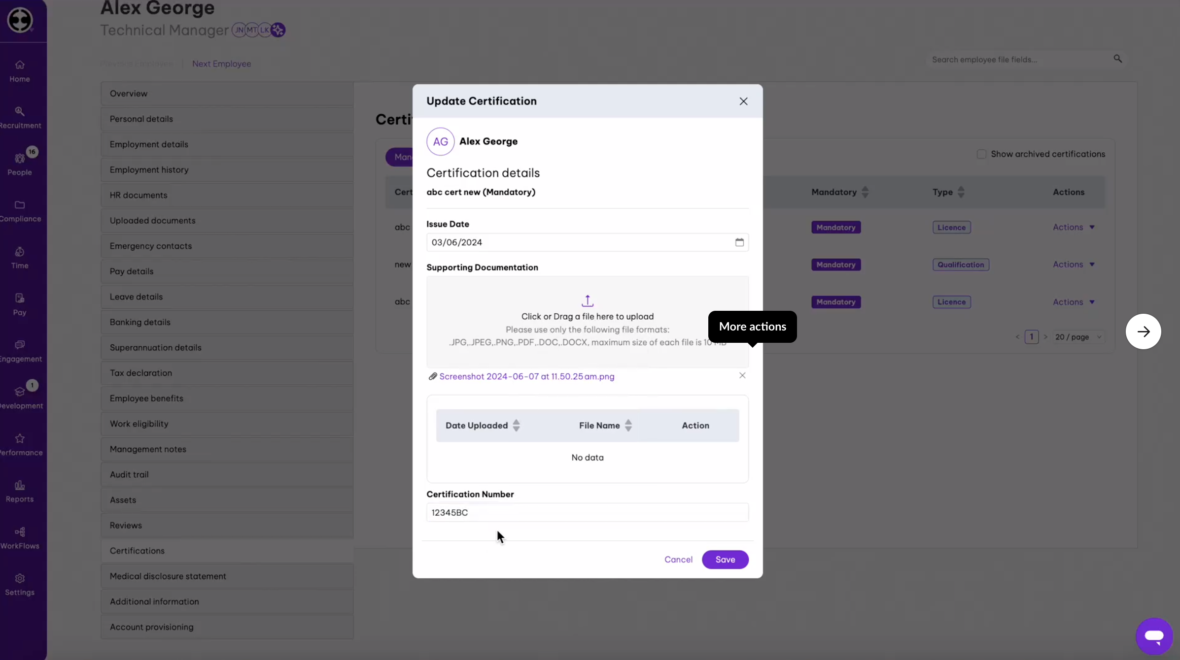 Certification update form for employee Alex George, displaying fields for certification details, supporting documentation upload, and certification number entry