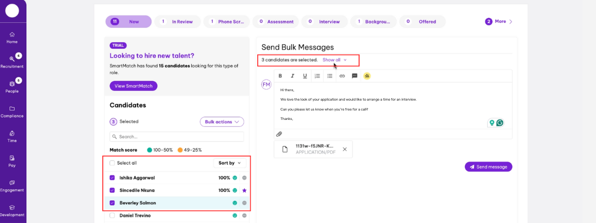 Bulk messaging interface in SmartMatch with three selected candidates and a pre-written interview invitation message