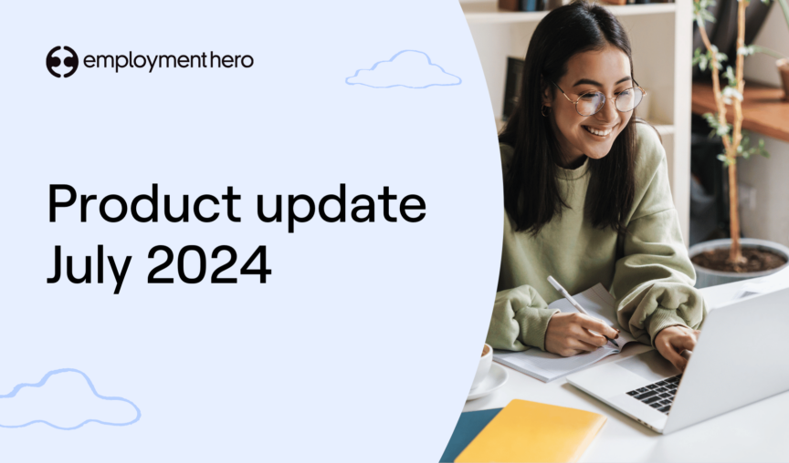 Employment Hero July 2024 product update banner with a smiling person working on a laptop