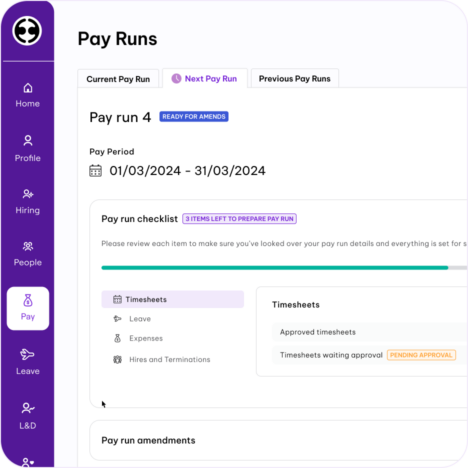 A sample screenshot of the Pay dashboard showing Pay Run 4 with date period and details