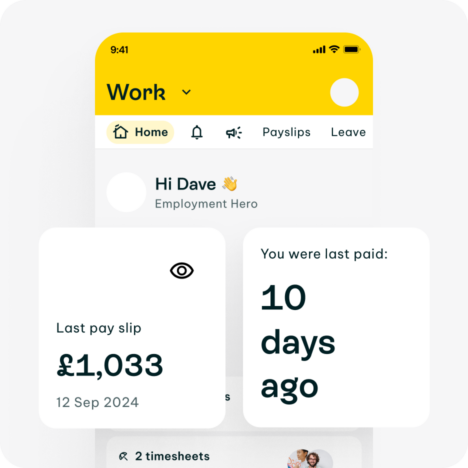 A collage of the Work dashboard in mobile with floating widgets showing last and date of last payment