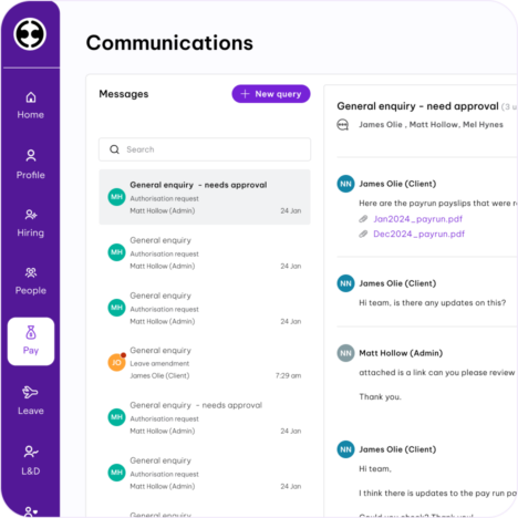 A screenshot showing Communications details from Pay dashboard