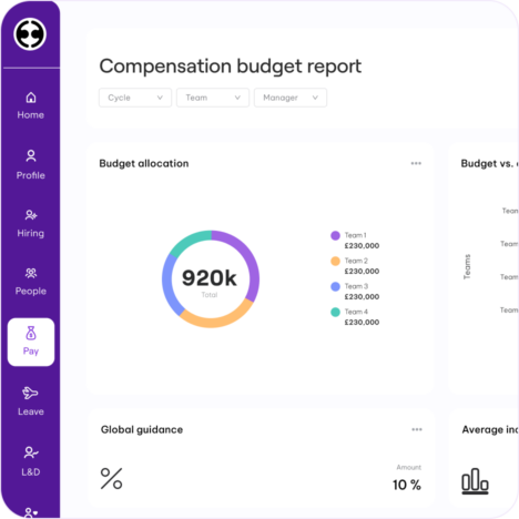 A screenshot showing Compensation budget report with graphs of budget allocation from Pay dashboard