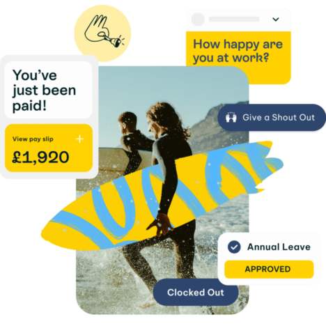 A collage of a woman holding a surfboard covered in graphic colour and surrounded by widgets about salary pay notification, annual leave approval, clocked out status and an option to give a shout out