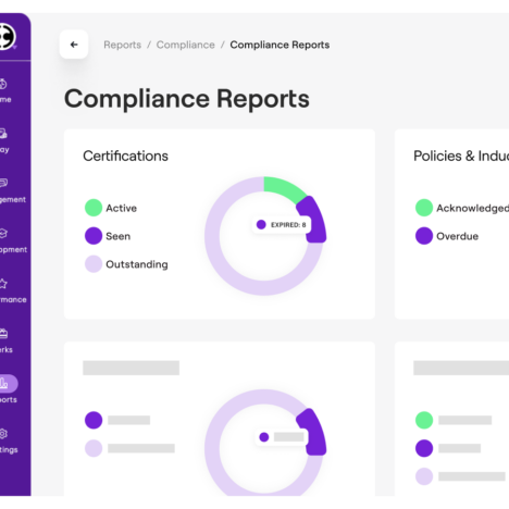Dashboard of Compliance Reports with details for Certifications, Policies & Induction