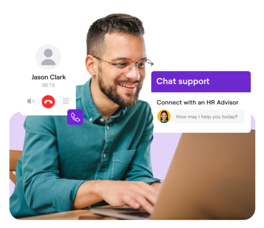 A collage of a man smiling as he types on his laptop. There are surrounding widgets of a call with Jason Clark, and a Chat support window