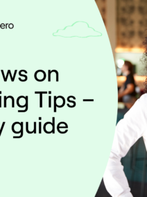 Employment Hero banner image with the text 'New Laws on Allocating Tips – a handy guide' on a light green background. To the right, a confident young woman in a white shirt stands in a professional setting, looking directly at the camera