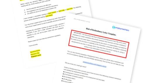 Two pages of an 'At Risk of Redundancy Notice Template' by Employment Hero, with highlighted sections for employer customization and detailed instructions for notifying employees
