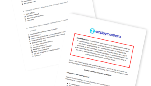 Two-page COVID-19 Employee Wellness Survey template by Employment Hero, featuring a list of survey questions and sections to assess employee well-being during the pandemic, with highlighted instructions for completion