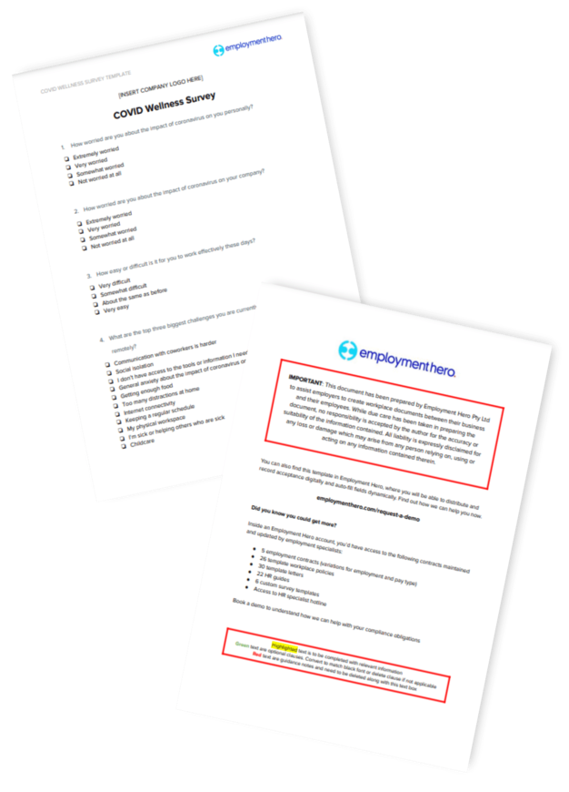 Two-page COVID-19 Employee Wellness Survey template by Employment Hero, featuring a list of survey questions and sections to assess employee well-being during the pandemic, with highlighted instructions for completion