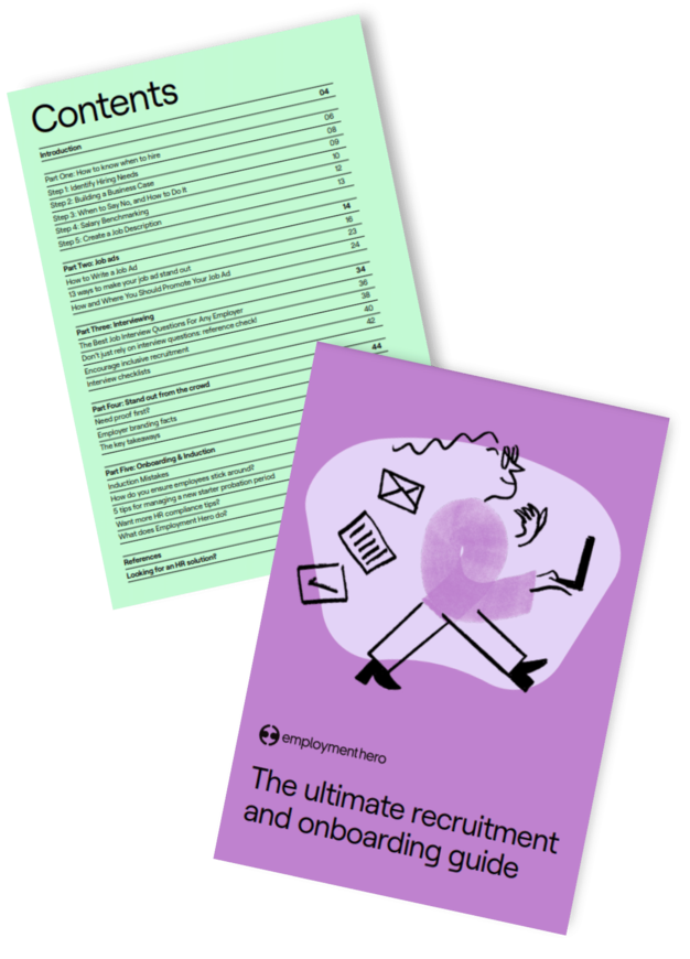 A guide from Employment Hero titled 'The ultimate recruitment and onboarding guide.'