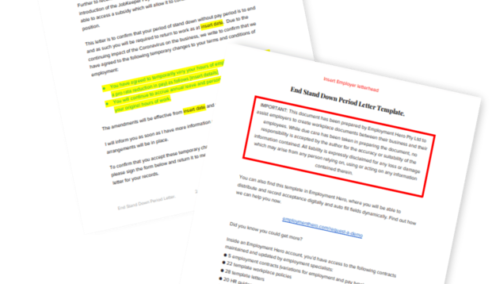 Two pages of an 'End of Stand-Down Letter Template for Employers' by Employment Hero, with highlighted sections for customizable fields and instructions for completing the template