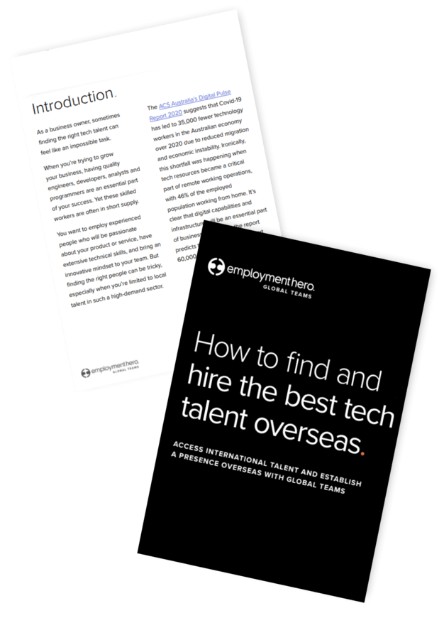 A guide from Employment Hero titled 'How to find and hire the best tech talent overseas'