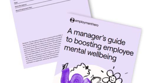 A Manager's Guide to Boosting Employee Mental Wellbeing' by Employment Hero, featuring a table of contents and a cover page with an illustration of a person watering a flower, symbolizing support and growth