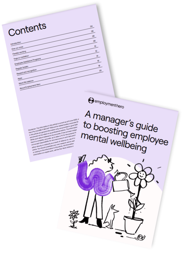 A Manager's Guide to Boosting Employee Mental Wellbeing' by Employment Hero, featuring a table of contents and a cover page with an illustration of a person watering a flower, symbolizing support and growth