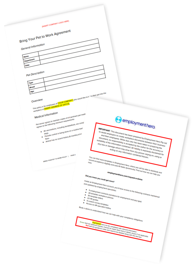 Two pages from a document titled 'Pets in the Workplace Policy' from Employment Hero