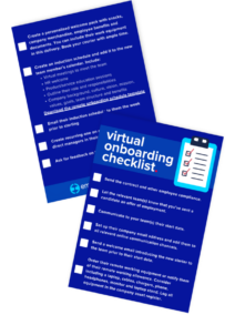 Two virtual onboarding checklist pages with bullet points and checkboxes on a blue background, providing steps for onboarding remote employees. Includes items like setting up company email, sending a welcome email, and creating an introductory schedule