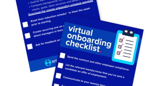Two virtual onboarding checklist pages with bullet points and checkboxes on a blue background, providing steps for onboarding remote employees. Includes items like setting up company email, sending a welcome email, and creating an introductory schedule