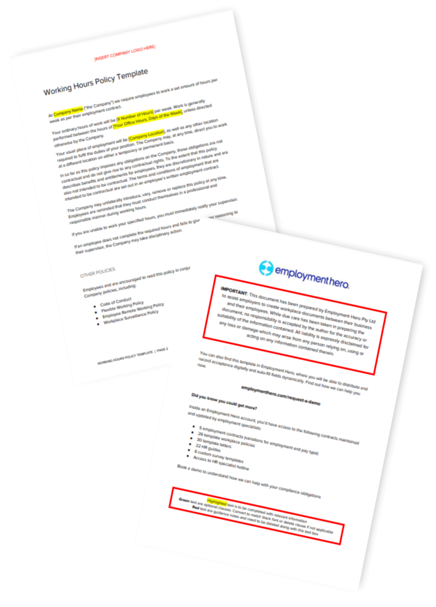Two pages from the 'Working Hours Policy Template