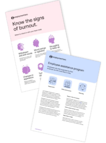 Two pages from a wellness guide. The first page titled 'Know the signs of burnout' lists symptoms and indicators of burnout. The second page discusses the 'Employee assistance program,'