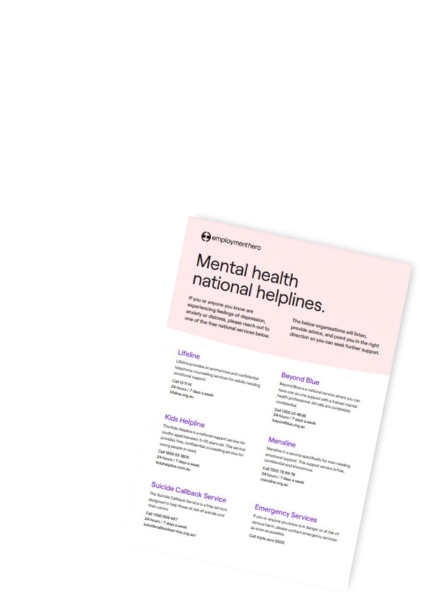 Mental health national helplines poster – lists contact information for various mental health support services, including Lifeline, Suicide Call Back Service, Beyond Blue, Kids Helpline, and Emergency Services, on a pink and white background.
