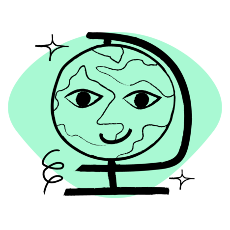 Graphic of a smiling globe with sparkles surrounding it