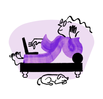 An illustration of Quinn resting on a couch, working on the laptop while a dog rests