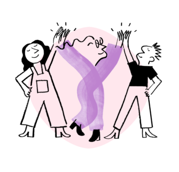 Illustration of Quinn highfiving two other people