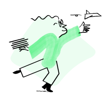 An illustration of Quinn running forward with a green scarf flowing, and throwing in a paper plane in motion
