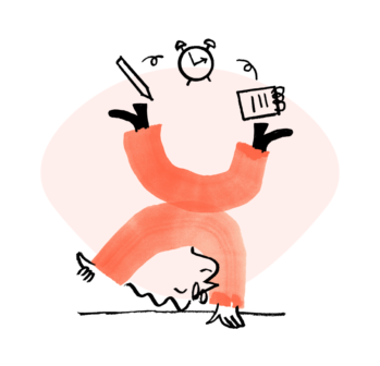 An illustration of Quinn doing a handstand, juggling a pencil, an alarm clock, and a notepad in the air
