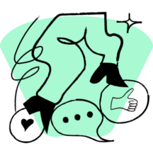 Abstract illustration of legs walking on speech bubbles with icons of a heart, dots, and a thumbs-up
