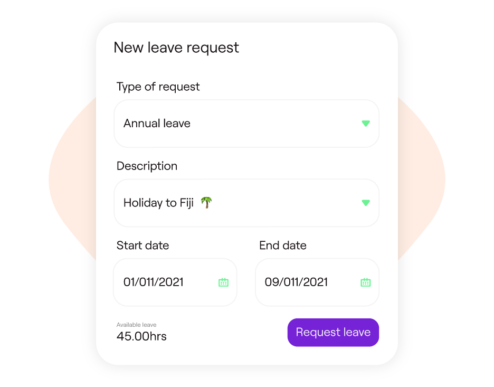 This image displays a "New leave request" interface. It includes fields for "Type of request" (selected as "Annual leave"), "Description" (entered as "Holiday to Fiji 🌴"), and start and end dates (01/01/2021 to 09/01/2021). At the bottom, it shows available leave hours (45.00 hrs) and a prominent purple button labeled "Request leave."