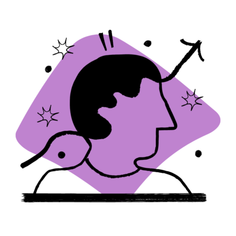 Illustration of a person with an arrow from the head, surrounded by sparkles.