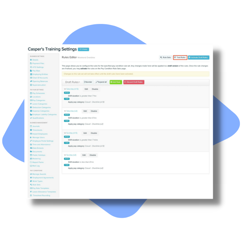 An interface displaying Casper's training settings for payroll management. It includes various options such as 'Craft Builder,' 'Status,' 'Password,' and 'Documents,' with toggle switches for activating or deactivating settings