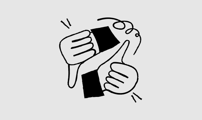 Illustration of a hand giving a thumbs-up and another hand giving a thumbs-down, representing mixed reviews or opinions.
