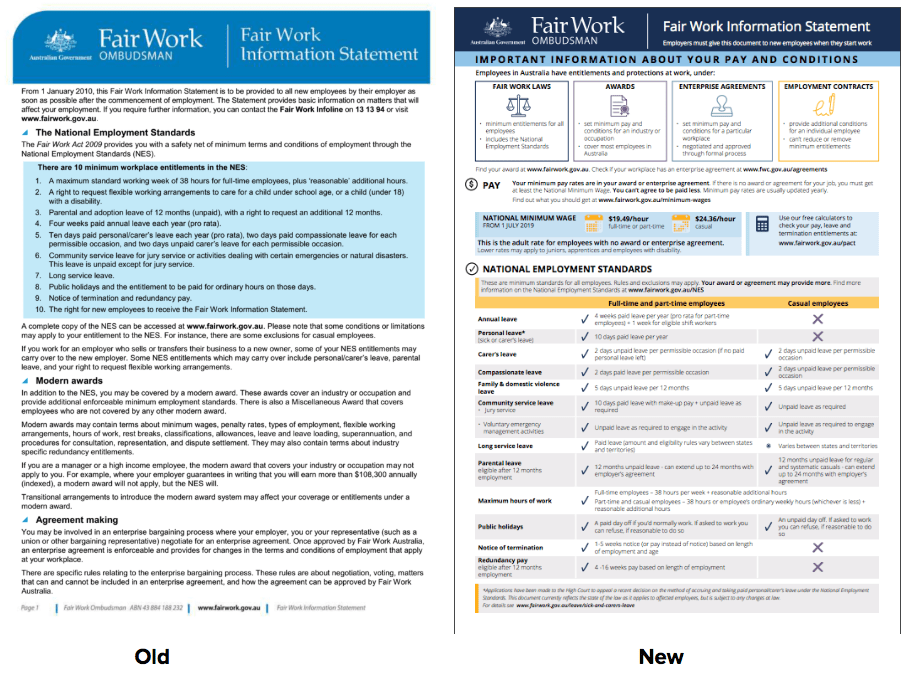 This image shows the Australian Fair Work Information Statement before and after the 2019 update
