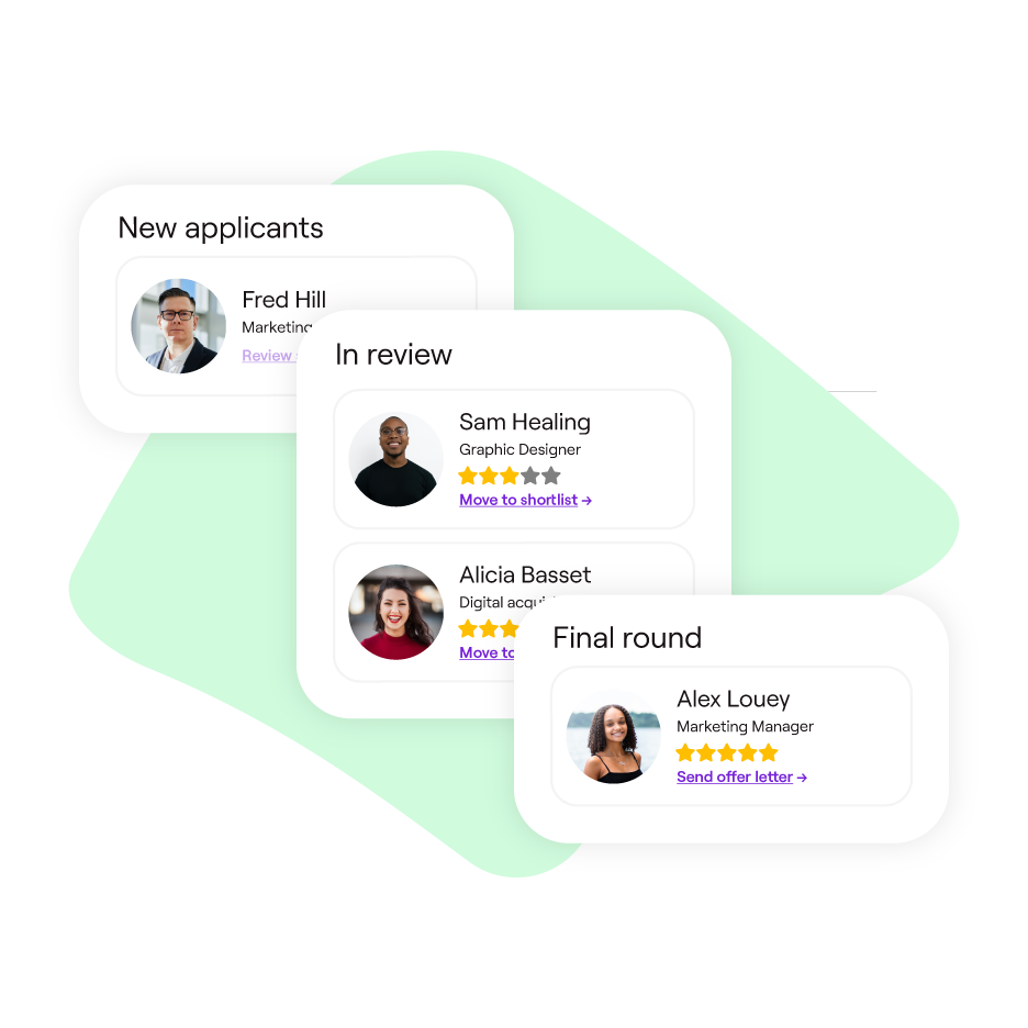 This image showcases a recruitment workflow interface divided into stages: "New applicants," "In review," and "Final round." Each stage features cards with candidate details, including names, photos, roles, and star ratings. Actions like "Move to shortlist" and "Send offer letter" are highlighted in purple text. The design is clean and professional, with a light green background accent adding a fresh and modern touch.