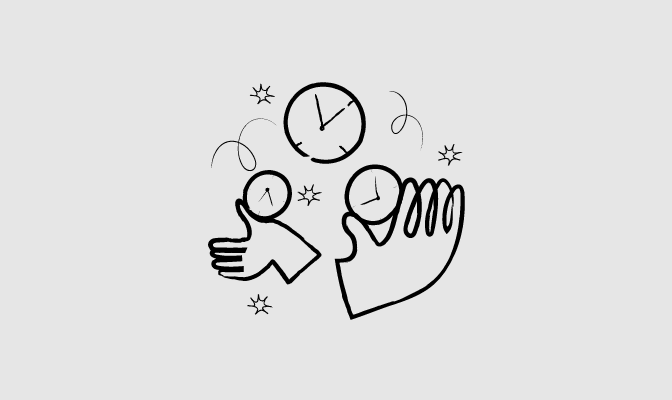 Illustration of clocks and hands, symbolizing time management or scheduling.