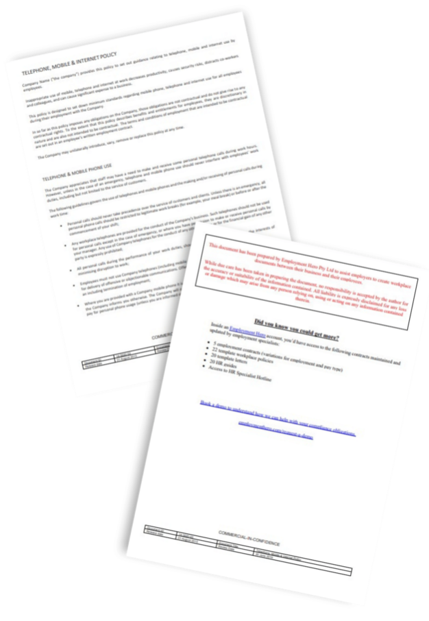 Two-page preview of a 'Telephone, Mobile & Internet Policy' document, featuring guidelines and sections highlighted in red text for emphasis