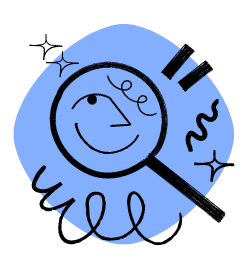 An illustration of a magnifying lens with a smiley in it and some squiggles surrounding it