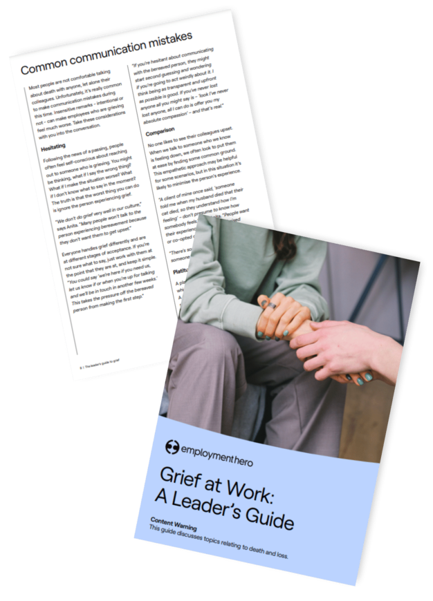 Cover and content preview of Employment Hero's 'Grief at Work: A Leader's Guide,' featuring a blue cover with an image of two people holding hands in support, and a section on common communication mistakes.